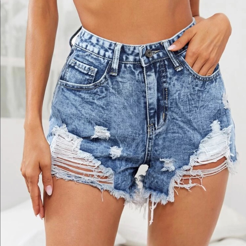 High waisted raw denim shorts
